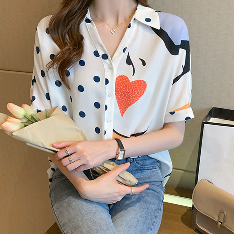 Heart Polka Dots Print Blouse Workwear modakawa