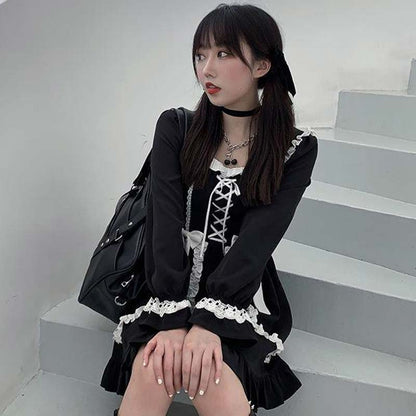 Black Lace Up Lolita Bow-Knot Maid Dress Modakawa