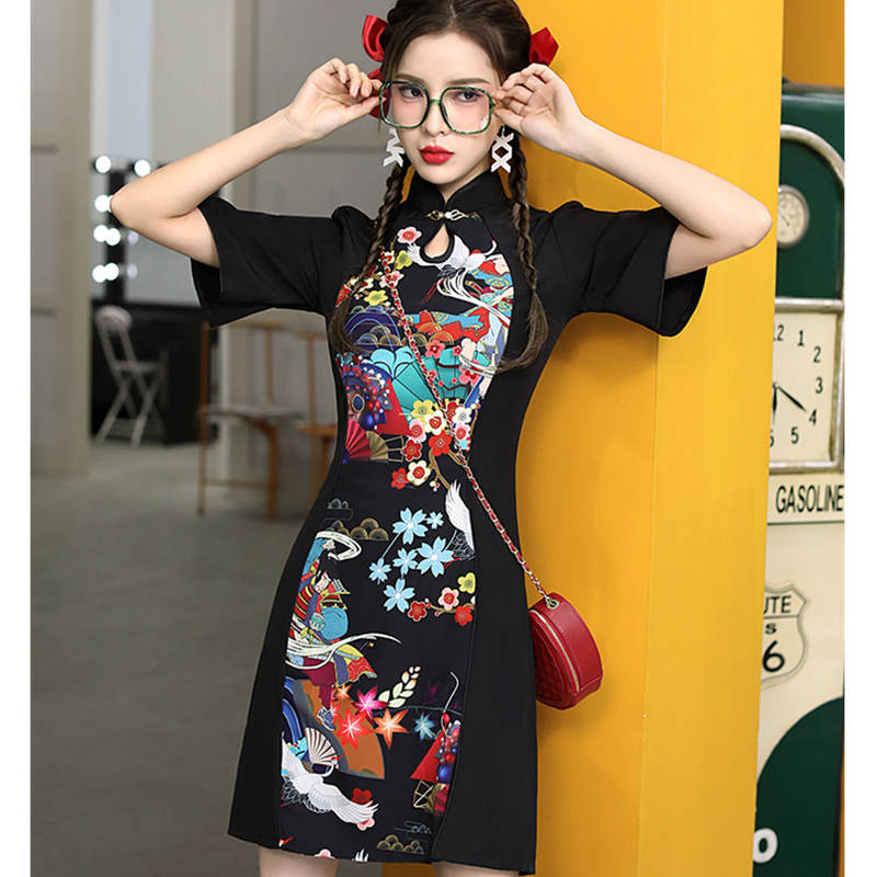 Charming Colorful Print Short Sleeve Cheongsam Dress modakawa