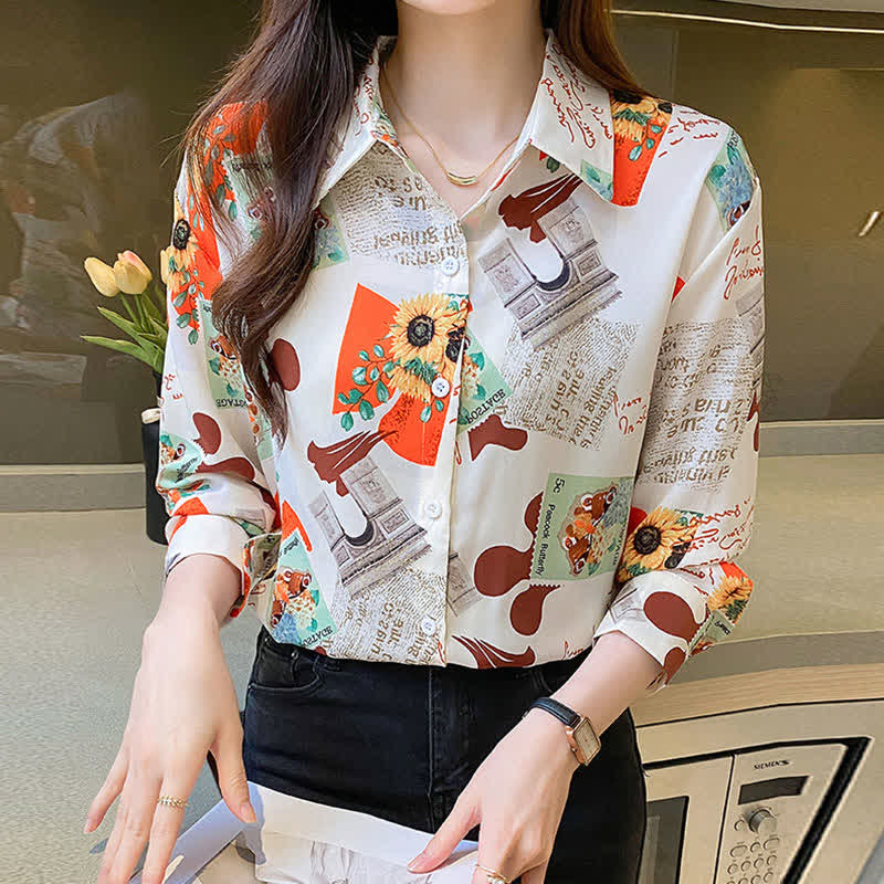 Chic Floral Letter Print Chiffon Shirt Workwear modakawa