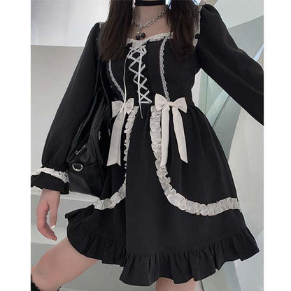 Black Lace Up Lolita Bow-Knot Maid Dress Modakawa