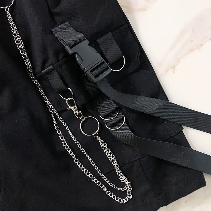 Black Strap Chain Tie Lapel T-Shirt Wide Leg Cargo Shorts modakawa