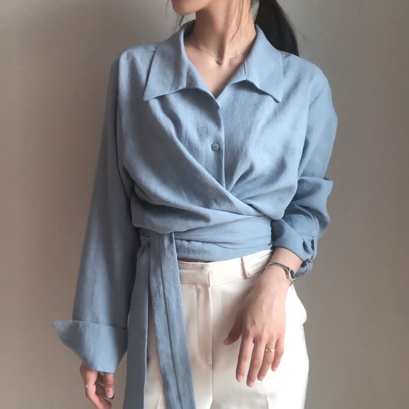 Chic Blue Cross Lace Up Lapel Shirt modakawa