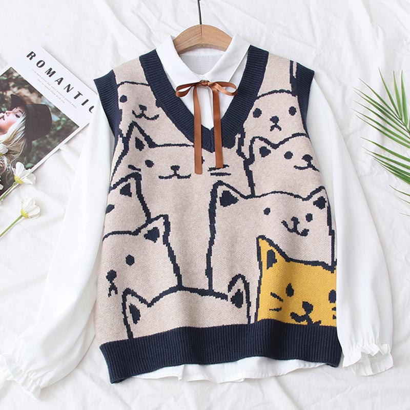 Cute Kitty Print Vest Lace Up Shirt Set Modakawa