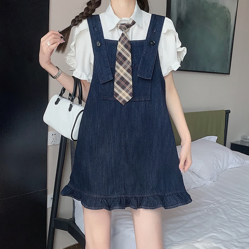 Pocket Lapel Tie T-Shirt Denim Overall Dress Set modakawa