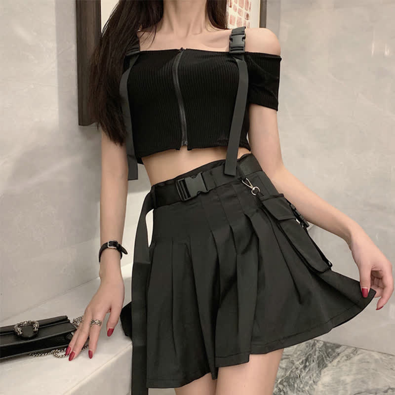 Black Cool Buckle Strap Zipper Crop Top Belted Pleated Skirt modakawa