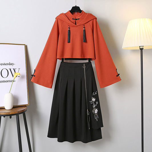 Tassel Hoodie Vintage Sweatshirt Skirt Set Modakawa