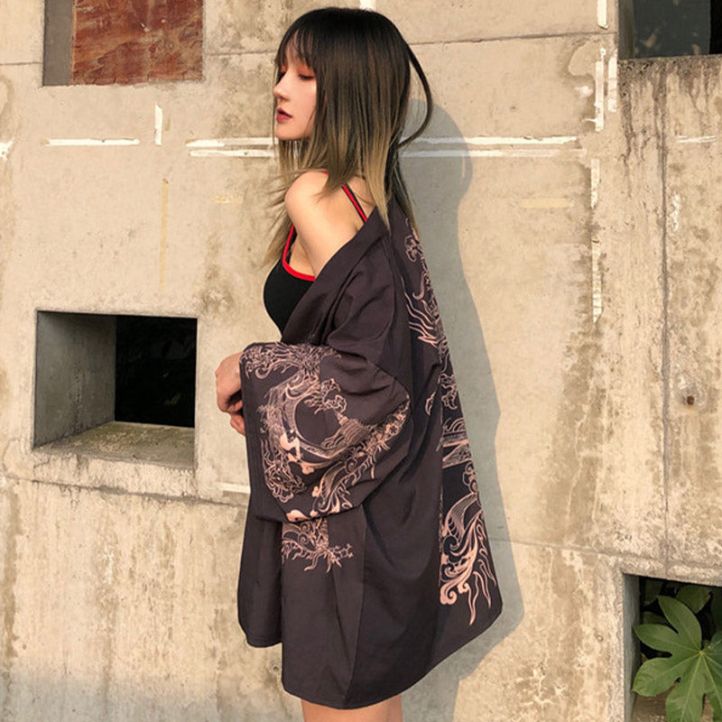 Mysterious Dragon Print Kimono Outerwear Modakawa