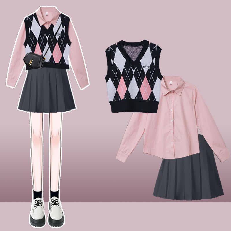 Pink Rhombus Print Vest Long Sleeve Shirt Pleated Skirt modakawa