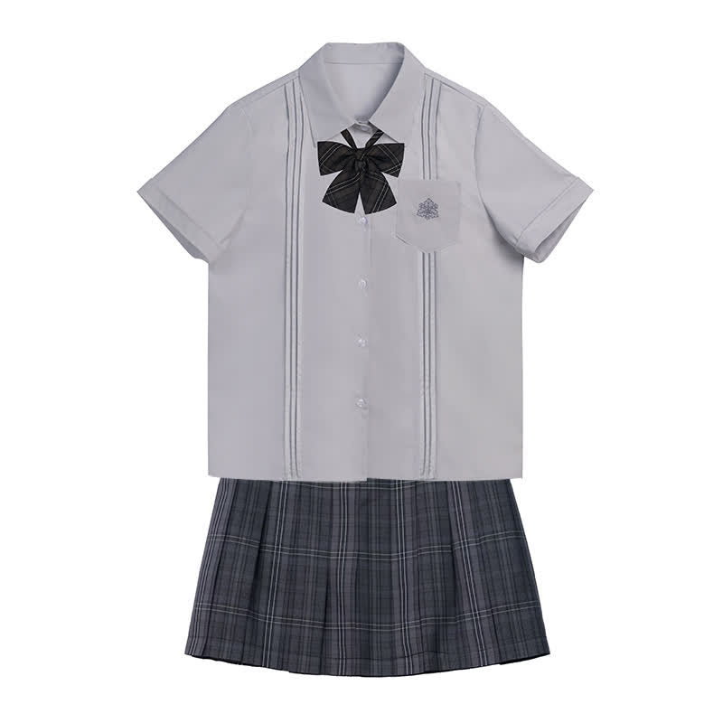 Embroidered Pocket Bow Tie Polo T-Shirt Plaid Pleated Skirt Uniform Set modakawa