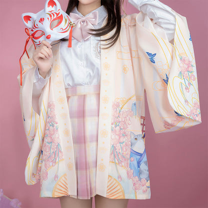 Cartoon Cat Print Loose Cardigan Kimono Outerwear Modakawa