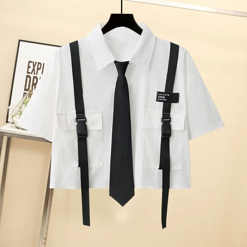 Casual Strap Pocket Tie Lapel T-Shirt Wide Leg Chain Cargo Shorts modakawa