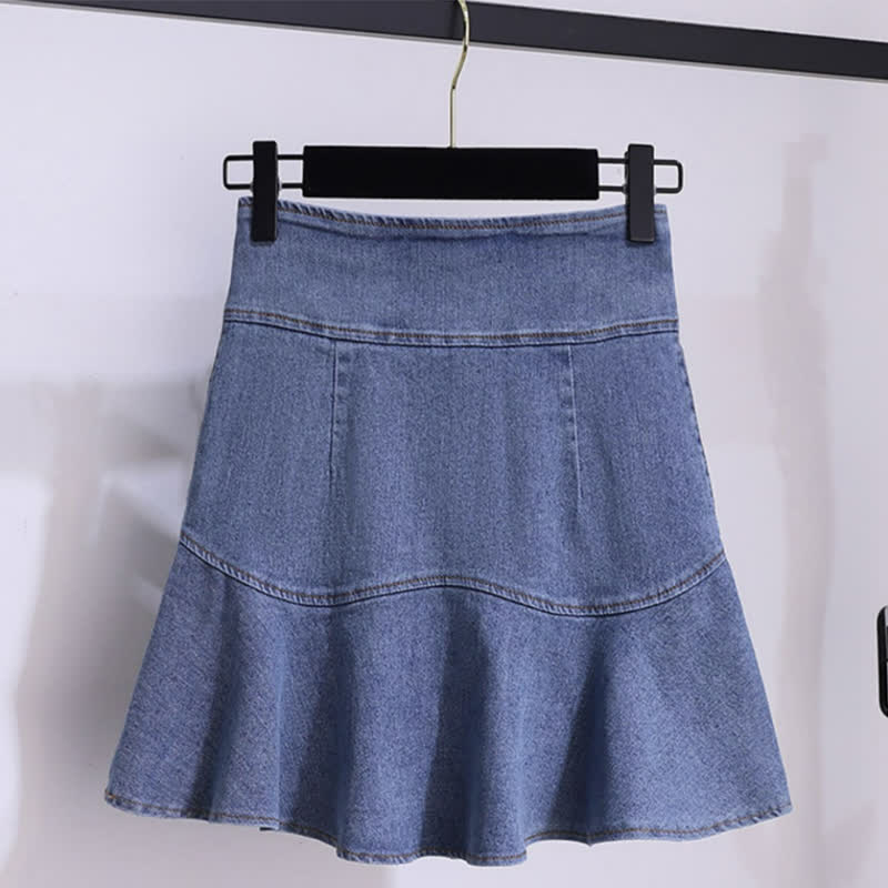 Blue Stripe Knitted T-Shirt High Waist Denim Skirt modakawa