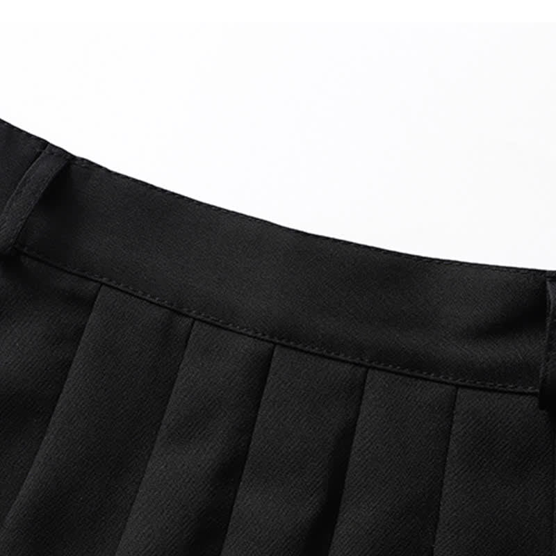 Black Cool Buckle Strap Zipper Crop Top Belted Pleated Skirt modakawa