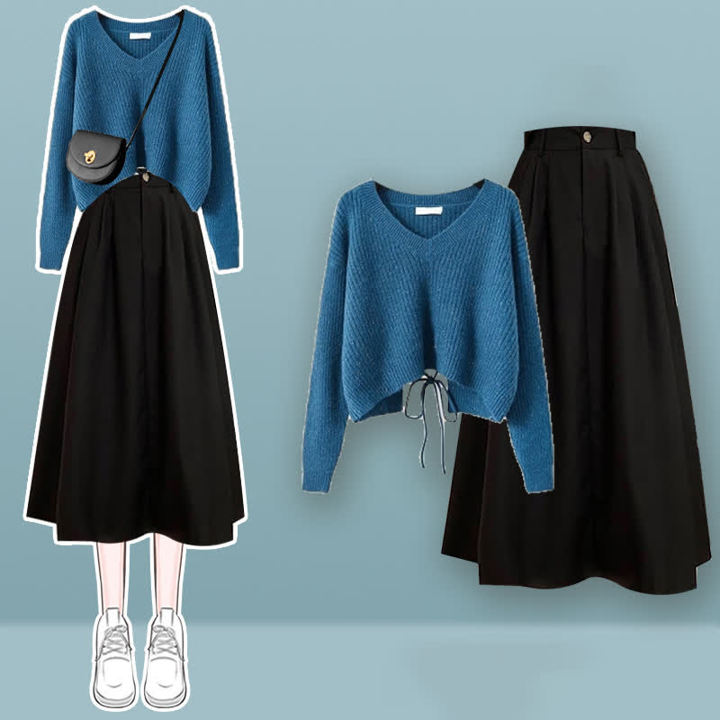 Chic Lace Up Knit Sweater A-line Skirt Set modakawa