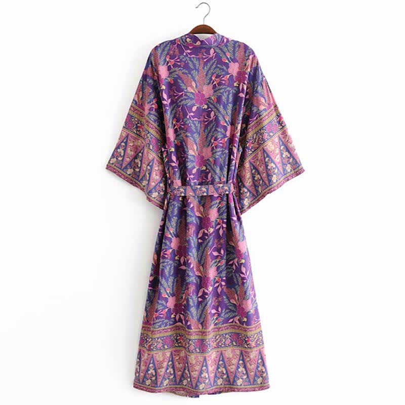 Pink Beach Flower Print Belt Robe Cardigan Outerwear modakawa