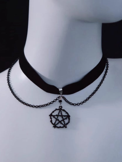 Gothic Pentagram Black Velvet Choker with Chains mySite