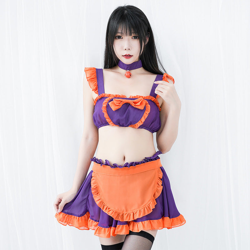 Pumpkin Bell Bow Decor Chiffon Maid Lingerie Set Modakawa