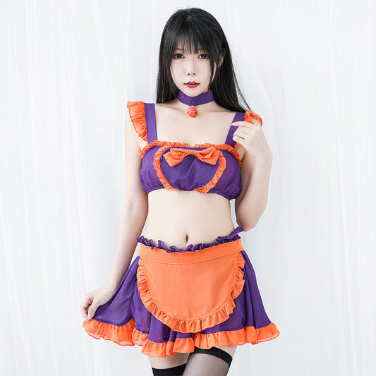 Pumpkin Bell Bow Decor Chiffon Maid Lingerie Set Modakawa