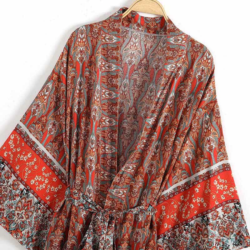 Boho Vintage Red Print Belt Robe Cardigan Outerwear modakawa