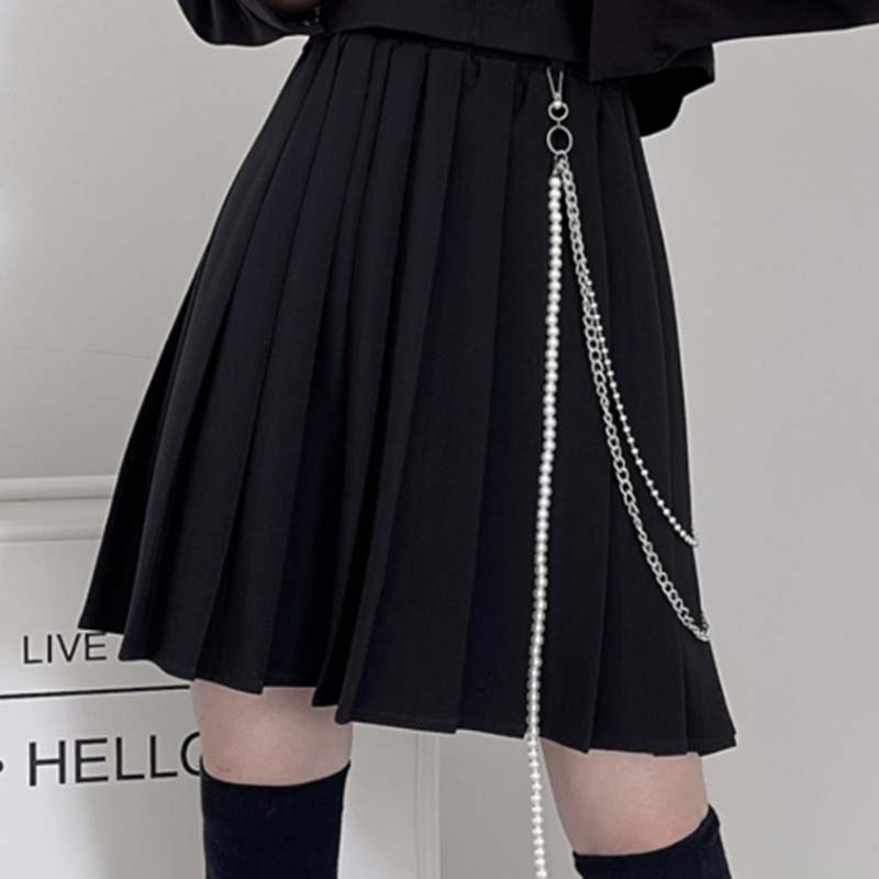 Gothic Chain Pure Color Pleated Skirt modakawa