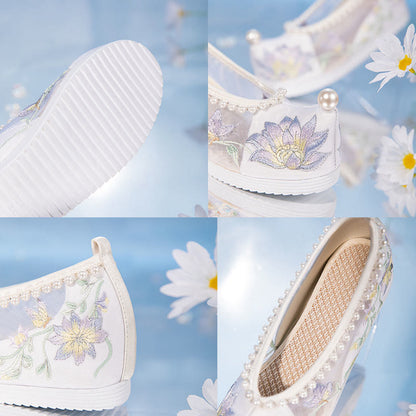 White Floral Embroidery Pearl Decor Mesh Shoes modakawa