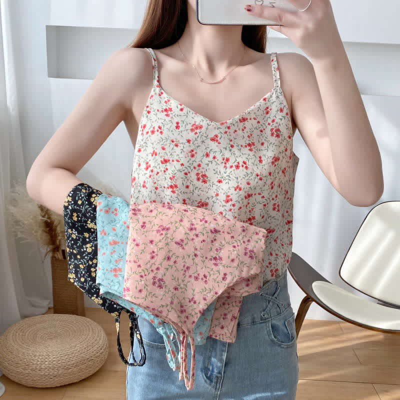 Floral Print Chiffon V-neck Cami Top modakawa