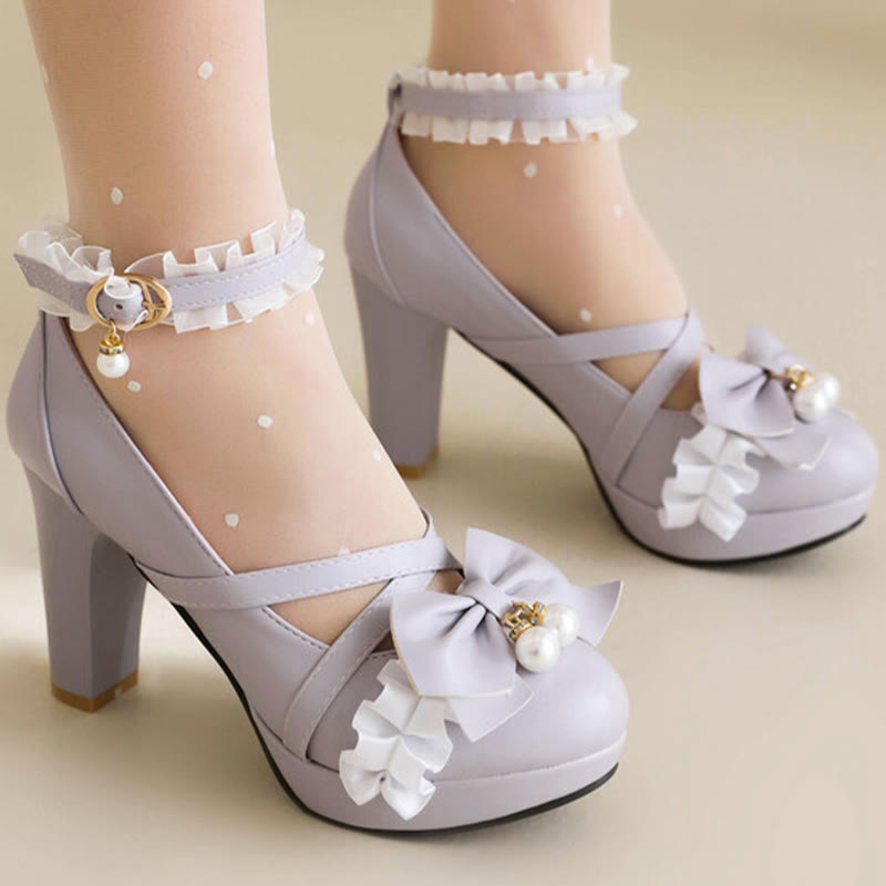 Sweet Bow Decor Lace Chunk Heel Sandals modakawa