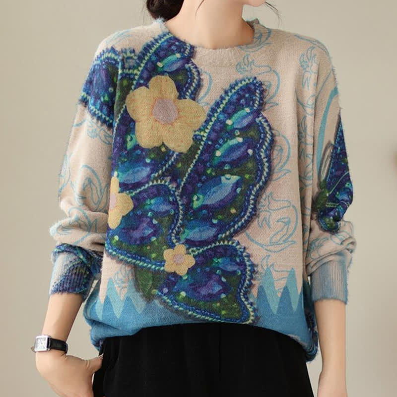 Vintage Blue Flower Butterfly Print Sweater modakawa