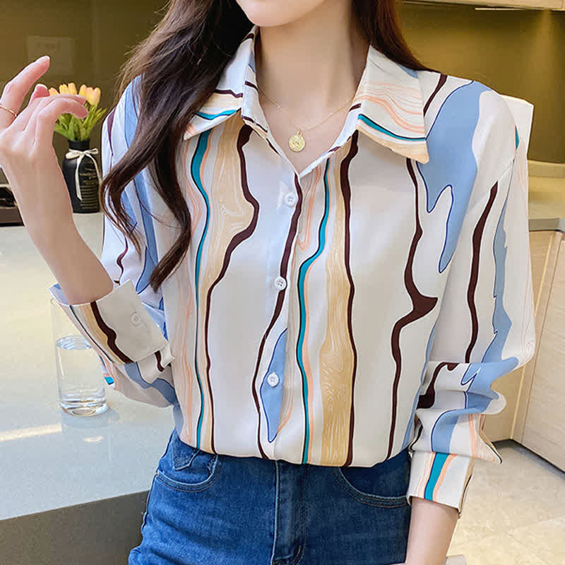 Colorblock Abstract Print Lapel Shirt Workwear modakawa