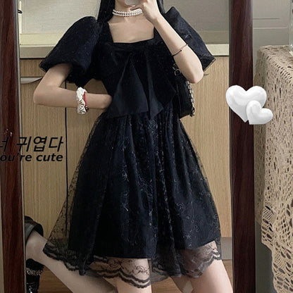 Black Lace Bow Knot Square Collar Tulle Dress modakawa