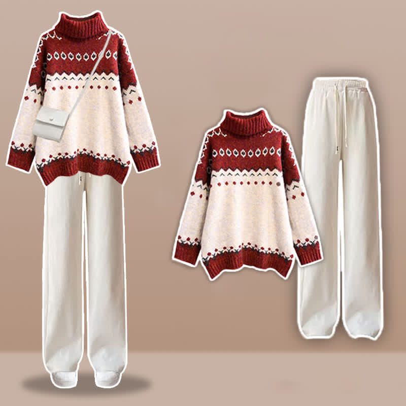 Colorblock Turtleneck Sweater White Pants Set modakawa