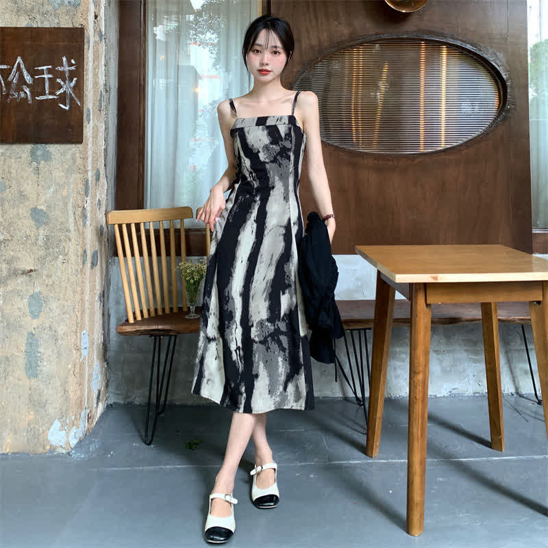 Elegant Black Short Cardigan Ink Painting Print Slip Dress modakawa