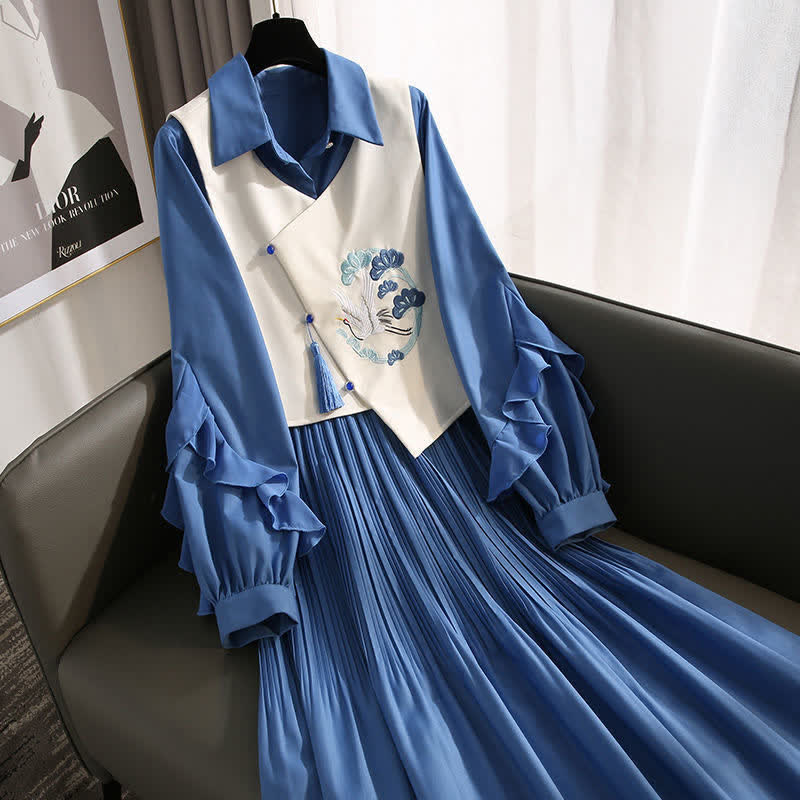 Blue Crane Embroidery Fringed Vest Lapel Dress Set Modakawa