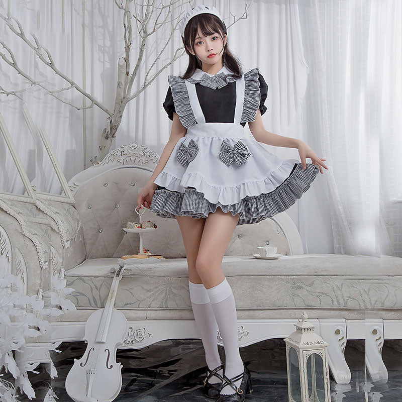 Kawaii Plaid Bow Tie Lolita Maid Ruffle Costume Dress Modakawa