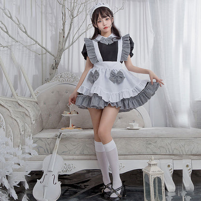 Kawaii Plaid Bow Tie Lolita Maid Ruffle Costume Dress Modakawa