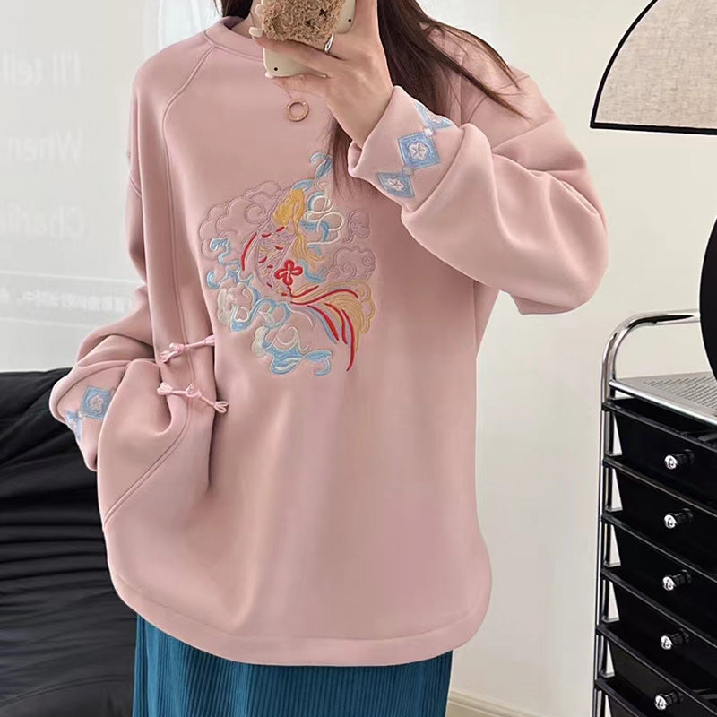 Charming Koi Fish Embroidery Round Collar Sweatshirt Modakawa