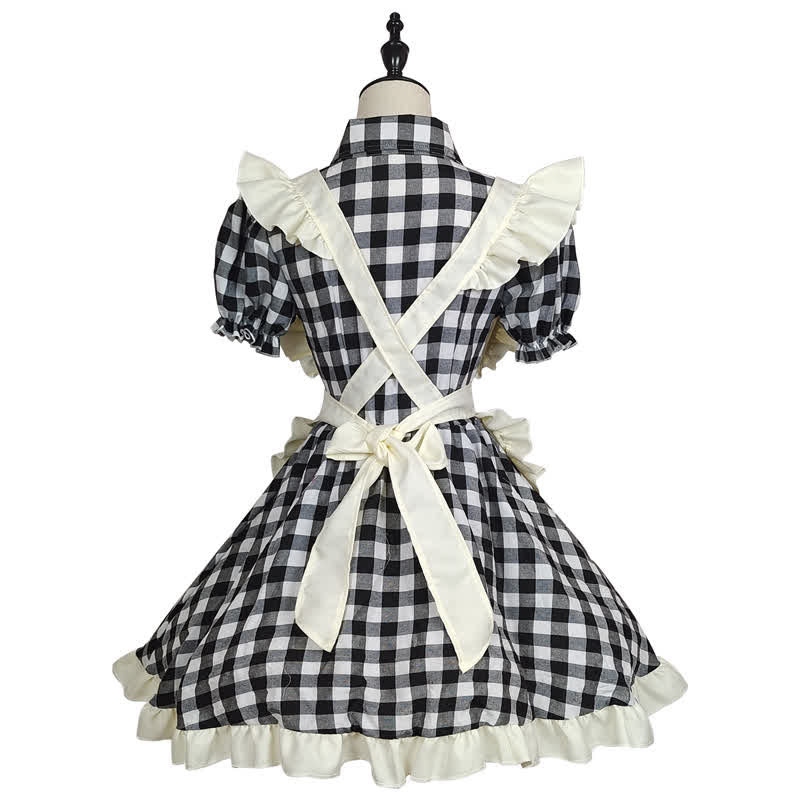 Sweet Bow Knot Ruffled Plaid Maid Dress Modakawa