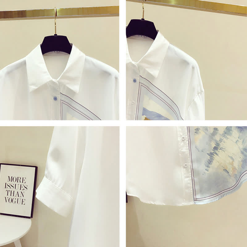 White Irregular Painting Print Chiffon Lapel Shirt modakawa