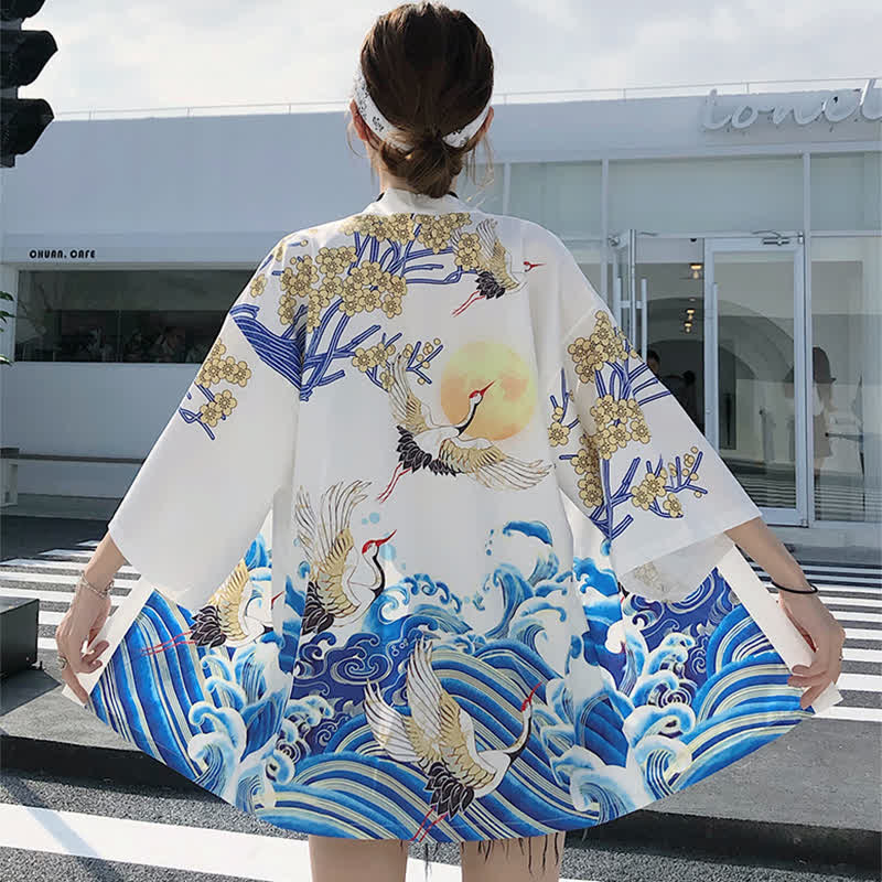 Fashion Crane Blossom Print Cardigan Outerwear modakawa