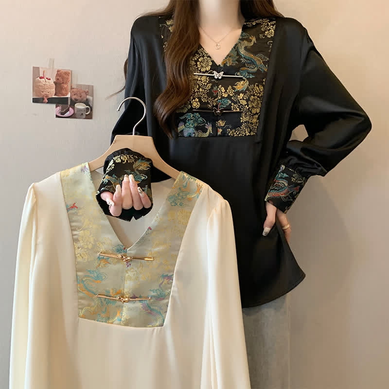 Vintage Dragon Buckle Long Sleeve V-neck Shirt modakawa