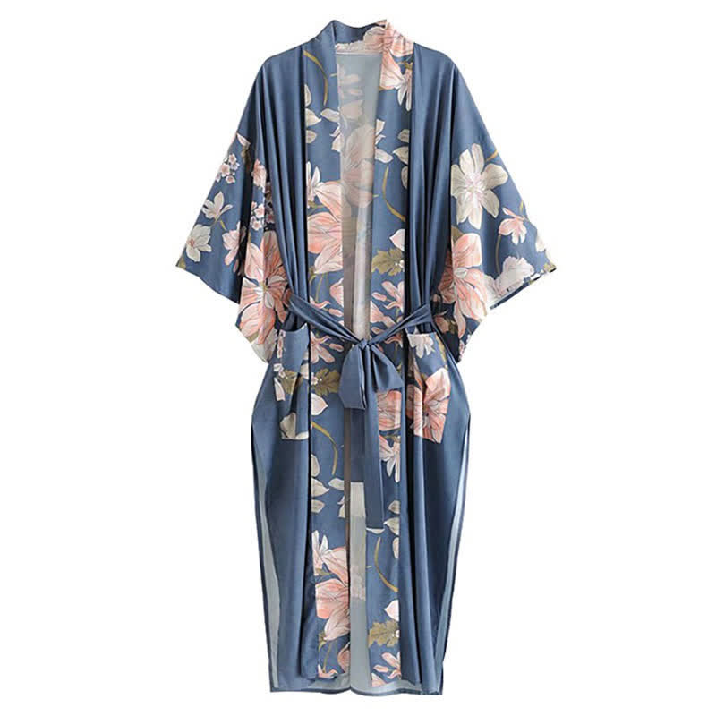 Floral Peacock Mermaid Print Robe Long Cardigan Outerwear modakawa