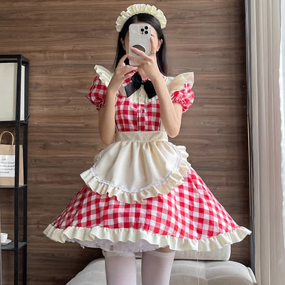 Sweet Bow Knot Ruffled Plaid Maid Dress Modakawa