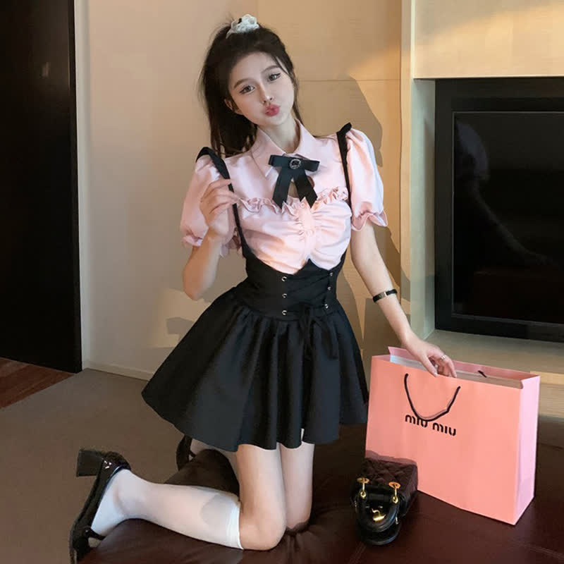 Pink Love Heart Hollow Out Bowknot T-Shirt Lace up Suspender Dress modakawa