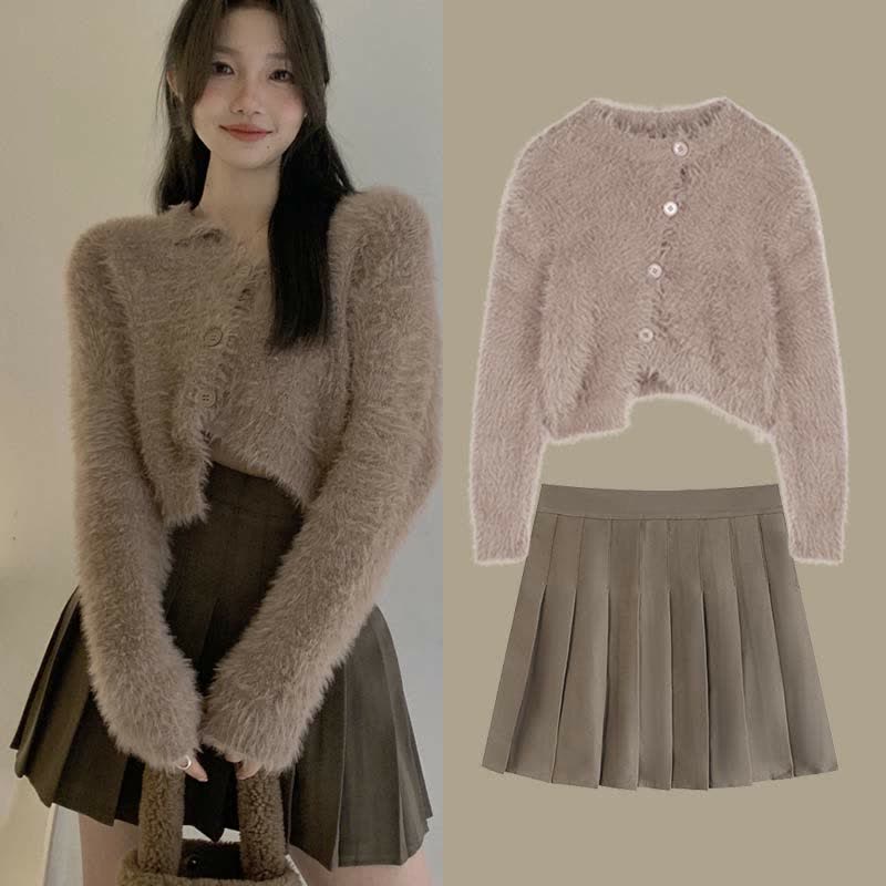 Irregular Cardigan Sweater High Waist Pleated Skirt Set Modakawa