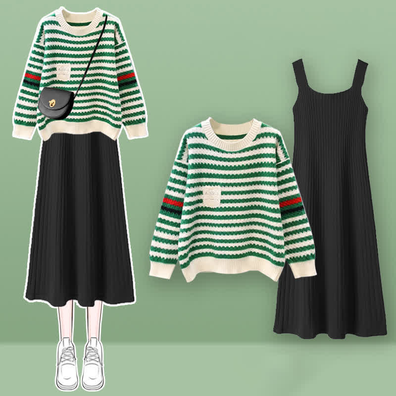 Stripe Colorblock Knit Sweater Slip Dress Set modakawa