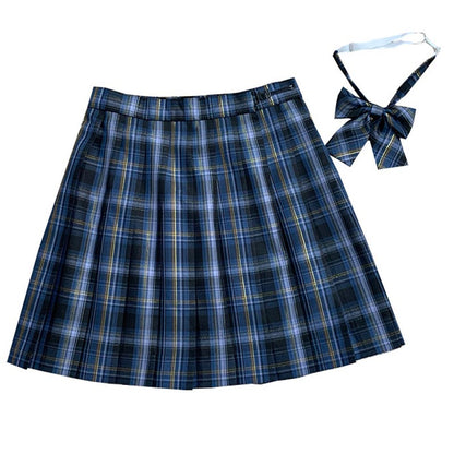 Plaid Print Pleated Skirt Bow Tie Set Modakawa