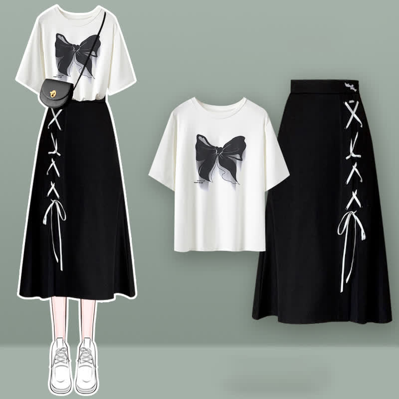 Round Collar Bear Print T-Shirt Lace Up Skirt modakawa