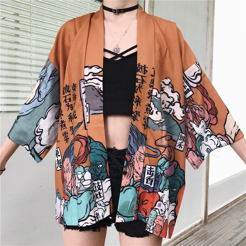 Cartoon Fire Print Casual Vintage Kimono Outerwear Modakawa