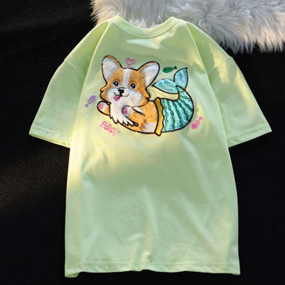 Cartoon Mermaid Puppy Plush Short Sleeve Casual T-shirt modakawa